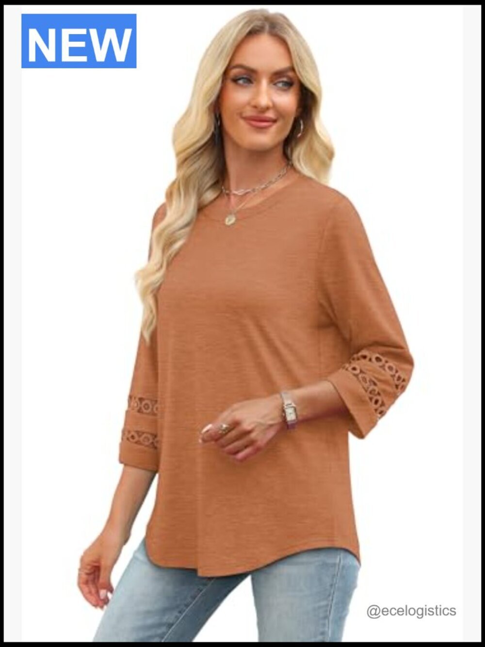 3/4 Sleeve Dressy Casual Tops Crewneck Loose Fit Blouses Women's Fashion - Picture 4 of 7